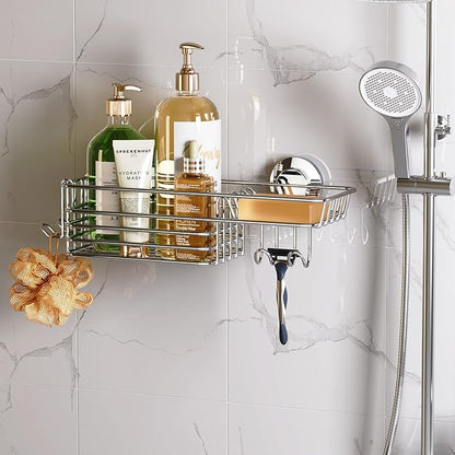 LEVERLOC Shower Caddy Suction Cup, Organizer with Hooks & Soap Holder for Inside Shower, Removable Bathroom Shelf-Silver