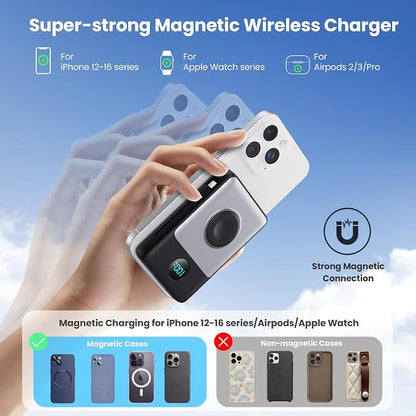 6 in 1 Magnetic Portable Charger for iPhone with Built-in Cables, 10800mAh 25W PD Fast Charging Power Bank, 6 Outputs Travel Essential Battery Pack for iPhone 17/16/15/14/13/12 Series,Apple Watch