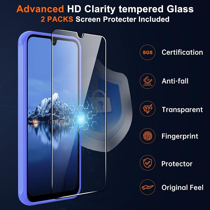 Compatible for Samsung Galaxy A16 5G Phone Case: A16 Case with 2PC Tempered Glass Screen Protector, Wireless Charging Matte Translucent Soft-Touch & Full Body Shockproof para Case Galaxy A16,Sky Blue