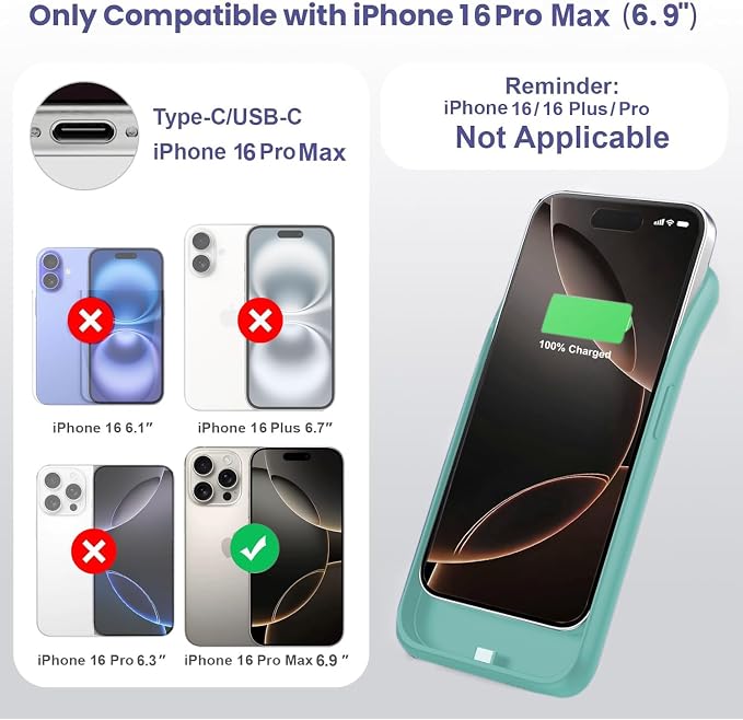Feob Battery Case for iPhone 16 Pro Max, [2026 Upgraded] 8600mAh Slim Portable Smart Charging Case Rechargeable Protective Extended Charging Cover for iPhone 16 Pro Max (6.9 Inch)-Green