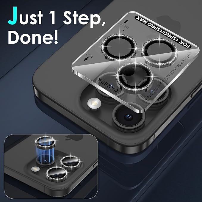 YWXTW Designed for iPhone 15 Pro/iPhone 15 Pro Max Camera Lens Protector Bling, [New Glitter Design] Individual Metal Tempered Glass Camera Cover Accessories Case Friendly (Black Titanium Glitter)