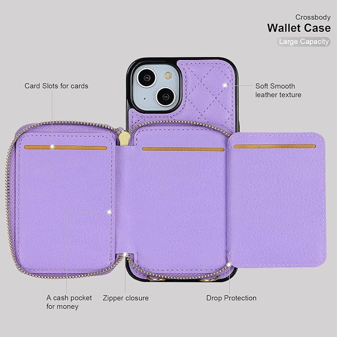 Bocasal Crossbody Wallet Case for iPhone 14, RFID Blocking PU Leather Zipper Handbag Purse Flip Cover, Kickstand Folio Case with Card Slots Holder Wrist Strap Lanyard 5G 6.1 Inch (Purple)