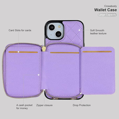 Bocasal Crossbody Wallet Case for iPhone 14, RFID Blocking PU Leather Zipper Handbag Purse Flip Cover, Kickstand Folio Case with Card Slots Holder Wrist Strap Lanyard 5G 6.1 Inch (Purple)