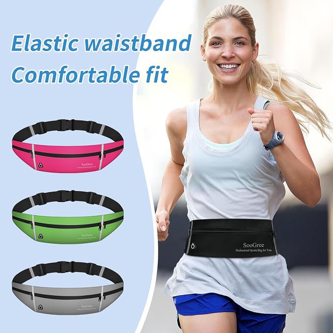 SooGree Slim Running Belt Sport Fanny Pack for Women Men,Outdoor Reflective Waist Pack Runner Pouch Belt, Zipper Waterproof Running Phone Holder Jogging Pouch for Phone Money Belt Waist Bag (Gray)