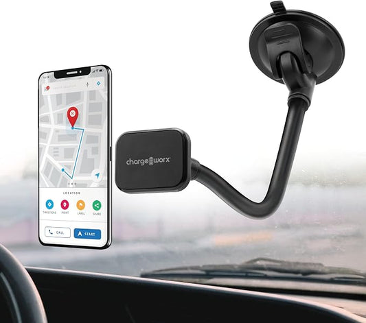 CHARGEWORX Magnetic Phone Stand Mount for Car Windshield – 14-Inch Flexible Gooseneck Holder with Strong Suction Cup & 360° Rotation, Magsafe iPhone & Android Compatible Car Holder Accessory