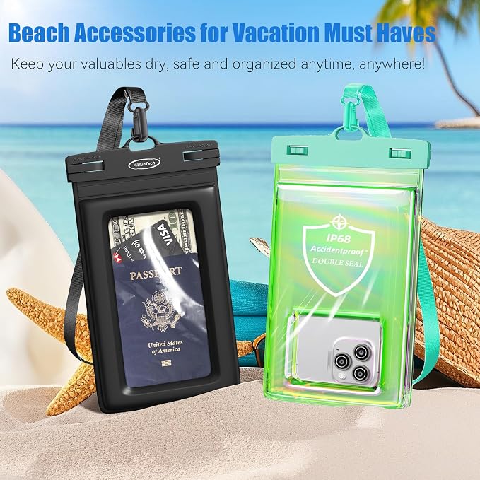 AiRunTech Waterproof Phone Pouch,Double Seal Floating Phone Case for Swimming Kayak Paddle Board,Protector iPhone 17 16 15 14 13, River Lake Canoe Boating Beach Accessories(Iridescent Green+Black)