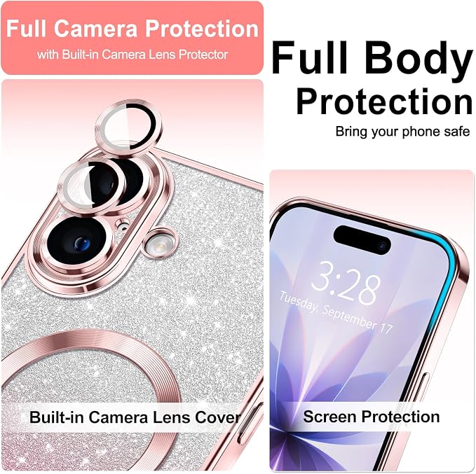Hython for iPhone 17 Case Glitter Clear Magnetic Phone Cases [Compatible with MagSafe] Full Camera Lens Protector Sparkle Luxury Plating Slim Shockproof Protective Cover Women, Gradient Pink