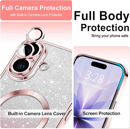 Hython for iPhone 17 Case Glitter Clear Magnetic Phone Cases [Compatible with MagSafe] Full Camera Lens Protector Sparkle Luxury Plating Slim Shockproof Protective Cover Women, Gradient Pink