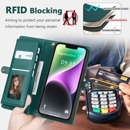 Wallet Case for iPhone 14 with Card Holder/Crossbody Wallet/Strap| RFID Blocking | Magnetic | Kickstand | Detachable | PU Leather Phone Case for iPhone 14,6.1 in,Green