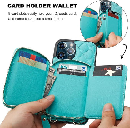 Bocasal Crossbody Wallet Case for iPhone 12 Pro Max, RFID Blocking PU Leather Zipper Handbag Purse Flip Cover, Kickstand Folio Case with Card Slots Holder Wrist Strap Lanyard 5G 6.7 Inch (Mint Green)
