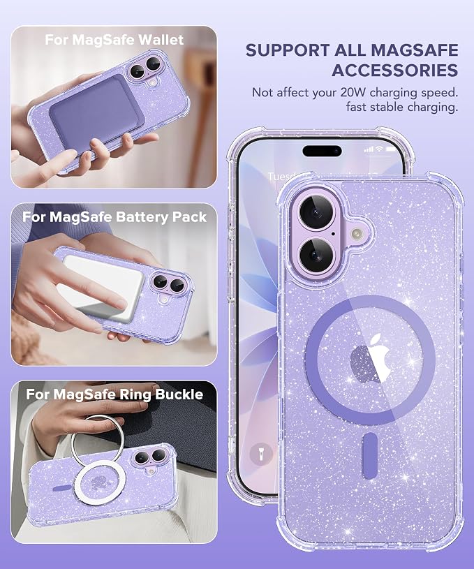 BERFY for iPhone 17 Case for Women, Clear Glitter Shockproof Protective Case, Anti-Yellowing, with Screen Protector & Camera Lens Protector 6.3", Magnetic Sparkle Purple