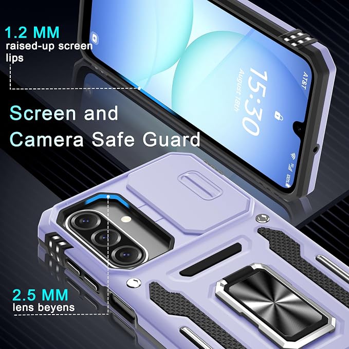 DEERLAMN Case for Samsung Galaxy A17 5G with Slide Camera Cover+Screen Protector (1 Pack), Rotated Ring Kickstand Military Grade Shockproof Protective Cover-Light Purple