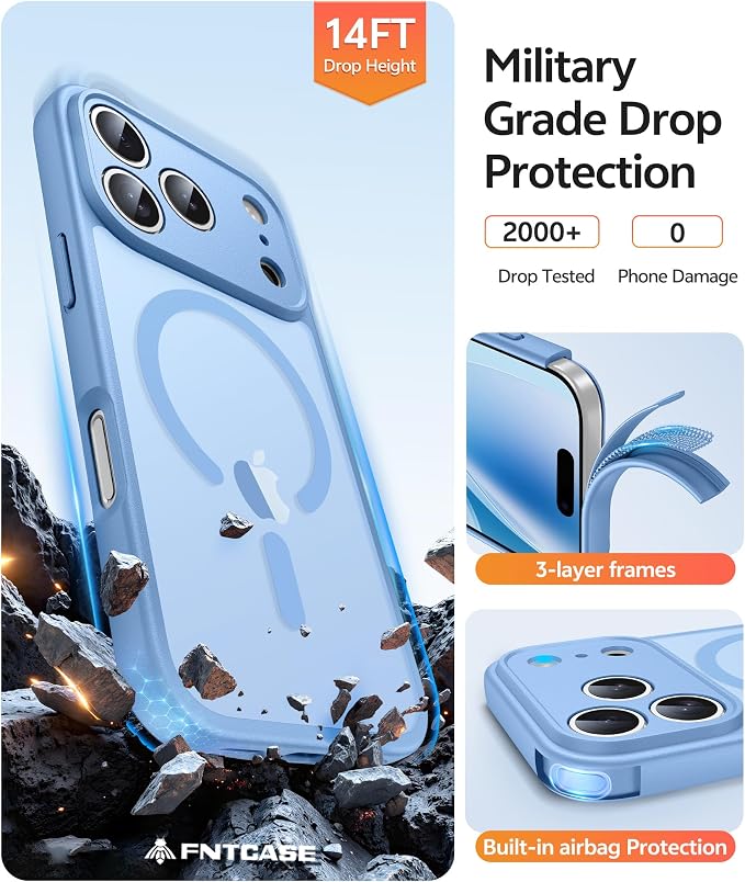 FNTCASE for iPhone 17 Pro Max Case: [Compatible with Magsafe] Translucent Matte Cases with [Full Camera Protection] [Screen Protector] Military Grade Shockproof Protective Phone Cover - Light Blue