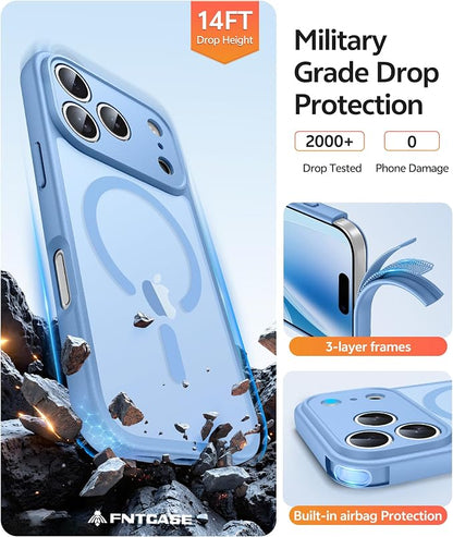 FNTCASE for iPhone 17 Pro Max Case: [Compatible with Magsafe] Translucent Matte Cases with [Full Camera Protection] [Screen Protector] Military Grade Shockproof Protective Phone Cover - Light Blue