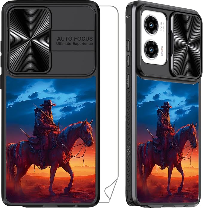 For Motorola Moto G Stylus 5G 2024 Case with Cowboy Riding Horse, Metal Slide Camera Cover, Screen Protector, Anti-Peeping Privacy Safeguard, Camera Lens Protector Phone Case for Moto G Stylus 5G 2024