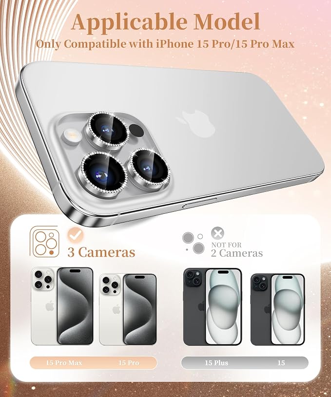GolbinBox Camera Lens Protector for iPhone 15 Pro/15 Pro Max, 1:1 Invisible Fit, 9H Tempered Glass Ultra HD Metal Individual Camera Cover for Women, Case Friendly, Bling/Silver