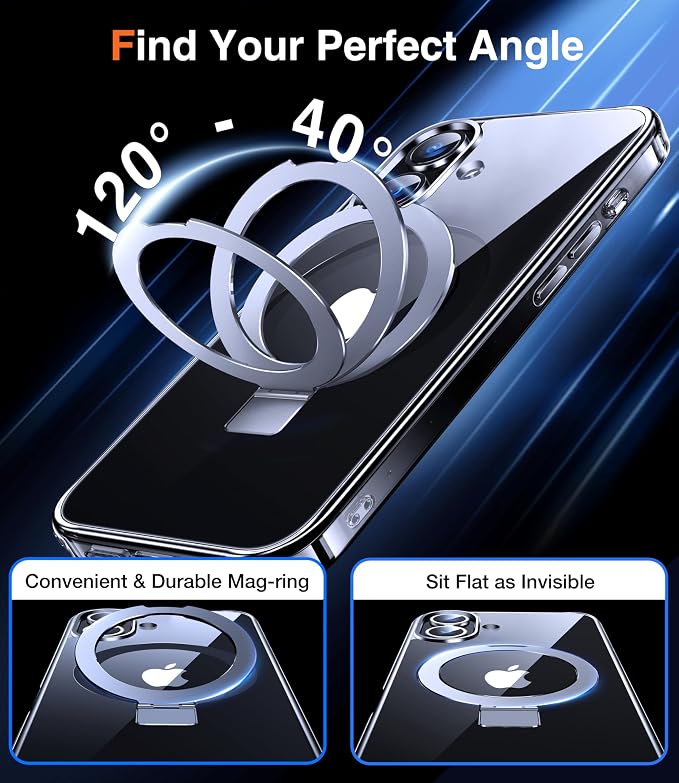 Chicfun 3-in-1 [Magnetic+Kickstand+Ring Holder] for iPhone 16 Case with Stand Ring Holder， Compatible with MagSafe, Military Shockproof Protective Kickstand Phone Case iPhone 16 Cover Clear