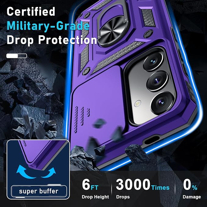 Janmitta Compatible with Samsung Galaxy S25 Plus/S24 Plus Case Built in Slide Camera Lens Cover+Screen Protector+Finger Ring Holder Kickstand,Heavy Duty Shockproof Full Body Phone Cover,Purple