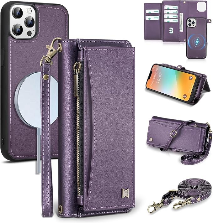 Wallet Case for iPhone 13 Pro with Card Holder/Crossbody Wallet/Strap| RFID Blocking | Magnetic | Kickstand | Detachable | PU Leather Phone Case for iPhone 13 Pro,6.1 in,Purple