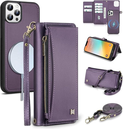 Wallet Case for iPhone 13 Pro with Card Holder/Crossbody Wallet/Strap| RFID Blocking | Magnetic | Kickstand | Detachable | PU Leather Phone Case for iPhone 13 Pro,6.1 in,Purple
