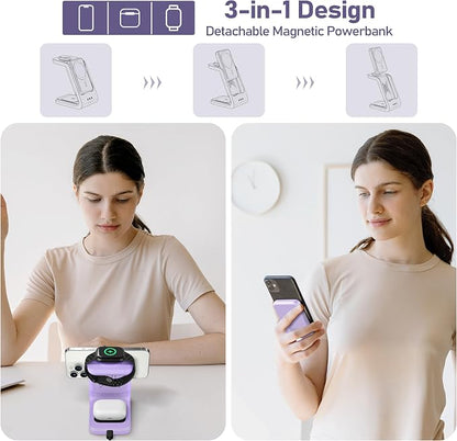 3 in 1 Wireless Charging Station: 5000mAh Removable Power Bank Charger Stand for Phone/Watch/Air Pods - Portable Magnetic Battery Pack for Air 17 16 15 14 13 12 Series Purple