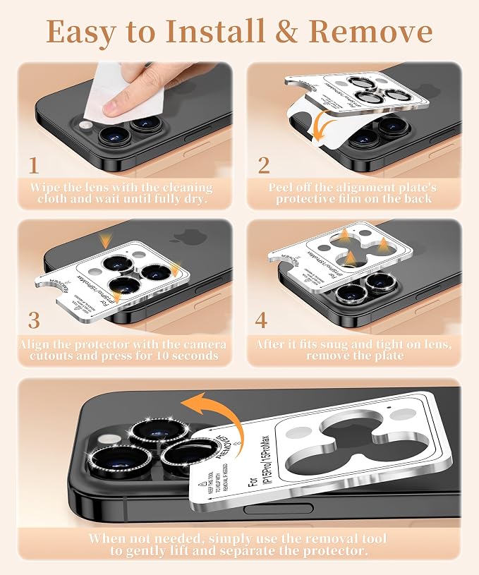 GolbinBox Camera Lens Protector for iPhone 15 Pro/15 Pro Max, 1:1 Invisible Fit, 9H Tempered Glass Ultra HD Metal Individual Camera Cover for Women, Case Friendly, Bling/Black