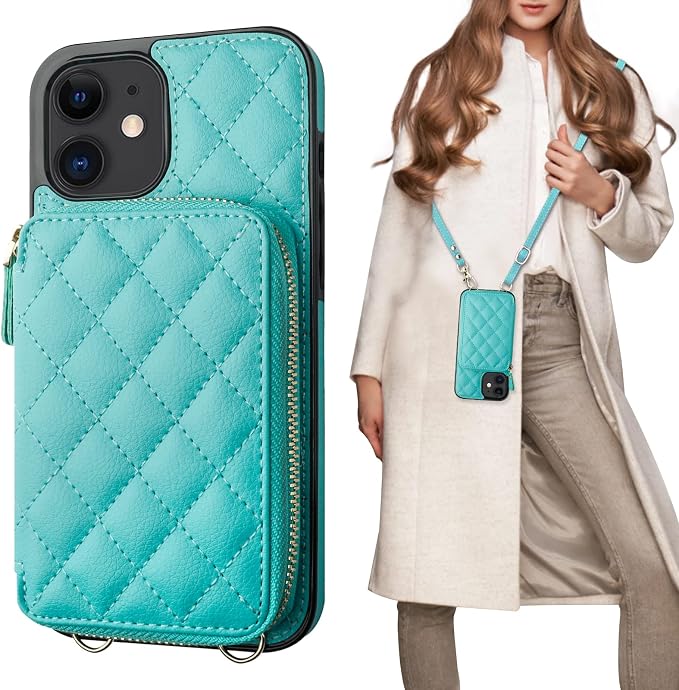 Bocasal Crossbody Wallet Case for iPhone 12/12 Pro, RFID Blocking PU Leather Zipper Handbag Purse Flip Cover, Kickstand Folio Case with Card Slots Holder Wrist Strap Lanyard 5G 6.1 Inch (Mint Green)