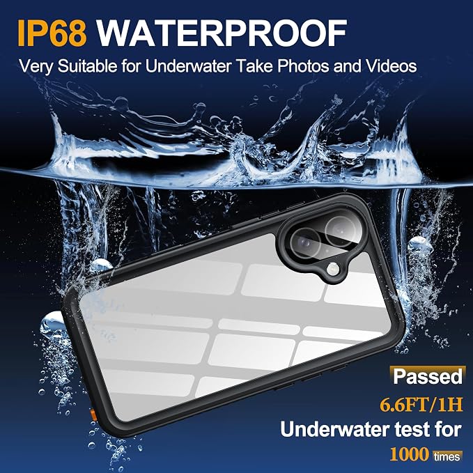 ANTSHARE for iPhone 16 Case, Waterproof Built-in Screen Protector, [12 FT Military Drop Proof] [Full Body Shockproof] [Dustproof] [IP68 Underwater] Phone Case for iPhone 16 6.1''- Black/Clear