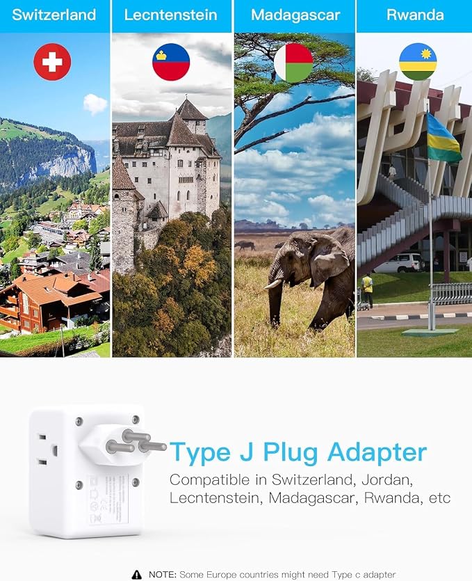 2 Pack Switzerland Travel Plug Adapter, Type J Power Adaptor | 3 Outlets 4 USB Charging Ports (2 USB C), Swiss Outlet Adapter Travel Plug for US to Switzerland, Liechtenstein, Rwanda