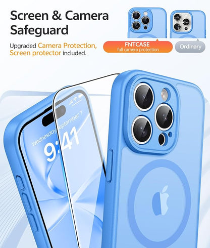 FNTCASE for iPhone 15 Pro Max Case, Fit for Magsafe, Glass Screen Protector | Full Camera Protection, Translucent Matte, 14FT Military Grade Drop Proof, Shockproof Protective Phone Cover, Ice Blue