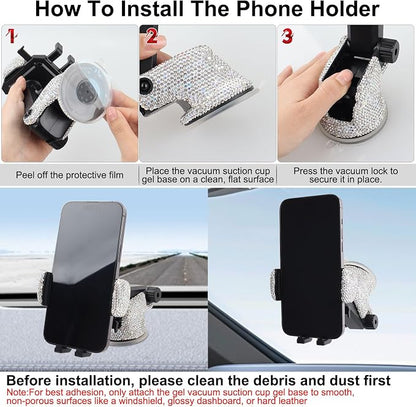 Bling Car Phone Mount Holder,Shiny Crystal Rhinestone Phone Stand for Women and Girls, Car Accessories for Windshield Dashboard,Compatible with Most Cellphones (White)