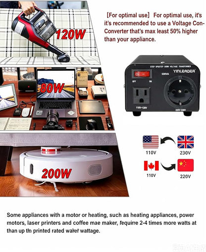 Yinleader 110v to 220v European Voltage Converter Transformer 500W | Step Up Converter 110/120 Volt to 220/230/240 Volt or Step Down 220 to 110,[110V US Power Cord Included Only, No 220V Cord]