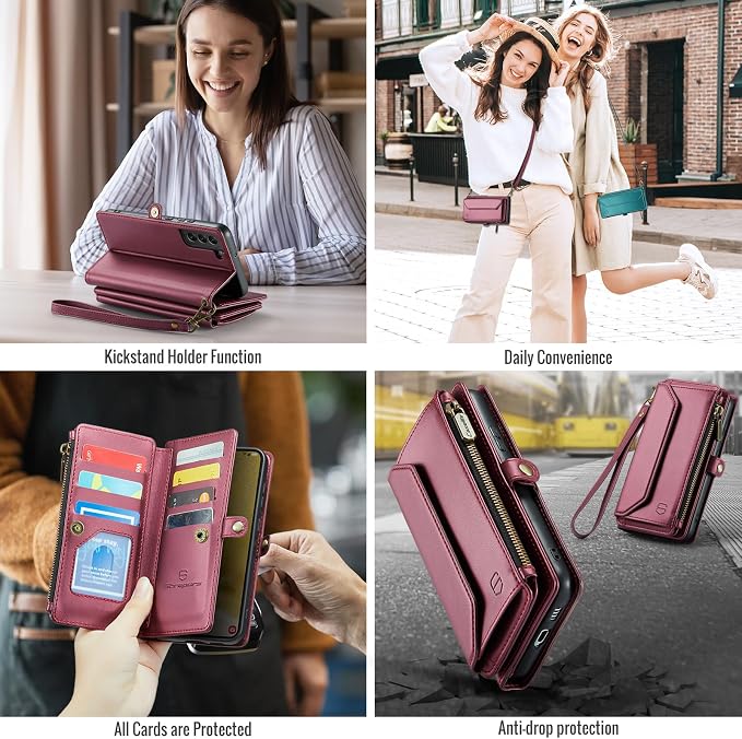 Strapurs Crossbody Wallet Case Compatible with Samsung Galaxy S22 Plus RFID Blocking Card Holder Soft PU Leather Magnetic Snap Strap Zipper Pocket Phone Case Fit for Galaxy S22+/ S22 Plus - Wine Red