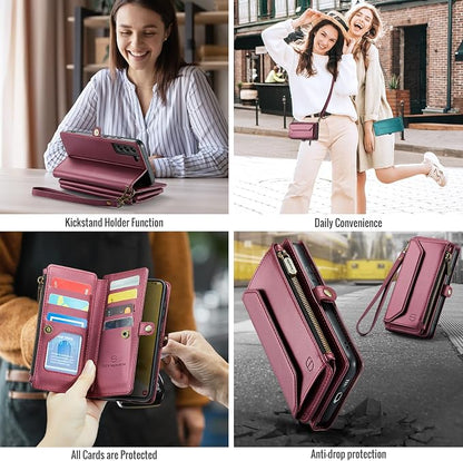 Strapurs Crossbody Wallet Case Compatible with Samsung Galaxy S22 Plus RFID Blocking Card Holder Soft PU Leather Magnetic Snap Strap Zipper Pocket Phone Case Fit for Galaxy S22+/ S22 Plus - Wine Red