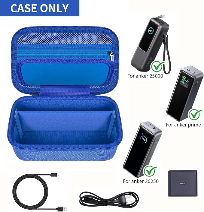 Laptop Power Bank Case for Anker 25000& Prime 27650，Blue | Organizes the Power Bank, Small Cables and 100W Charging Base; Larger 150W Charging Base Does Not Fit, Case Only
