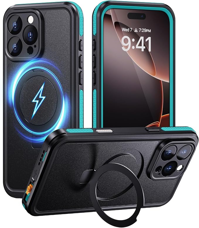 Lanhiem Magnetic for iPhone 16 Pro Max Waterproof Case, Dustproof Case Built-in Screen Protector, [Fit for MagSafe] [Invisible Stand] Shockproof Heavy Duty Underwater Case for 16 Pro Max (Light Blue)