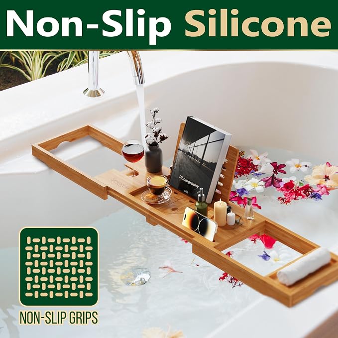 SereneLife Premium Bathtub Tray Caddy with Gift Box and Bow Set, Expandable Bath Tray, Unique House Warming Gifts for Mom, Women, Wedding, Anniversary, Bridal Shower, Fit for All Tub - Classic