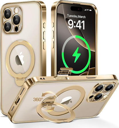 GolbinBox for iPhone 16 Pro Case with 360° Spin Magnetic Stand,[Compatible with Magsafe] [Military Protection][Built-in Ring Holder] Camera Control Phone Case for 16 Pro,Gold/Clear