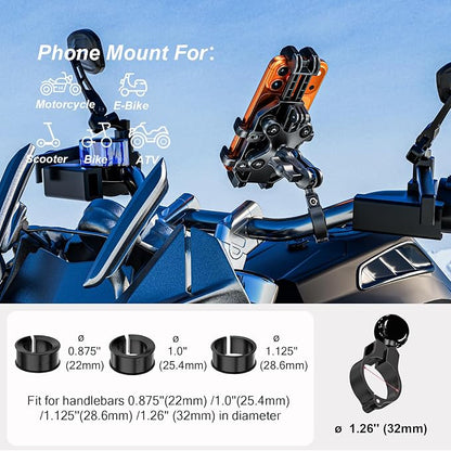 LOKTENWO Anti-Theft Motorcycle Phone Mount with Vibration Dampener [Metal Adjustment Arm] Aluminum Alloy Mounting Base, Anti-Shake Motorcycle Cellphone Holder for ATV Scooter for 5.4"-6.9" Phones