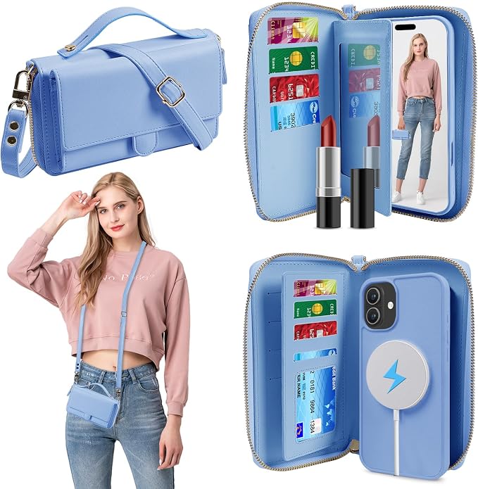 Lacass for iPhone 17 Detachable Crossbody Wallet Case, Compatible with MagSafe Magnetic 2 in 1 RFID Blocking PU Leather Wallet Cover Card Holder Zipper Make Up Mirror (Blue)