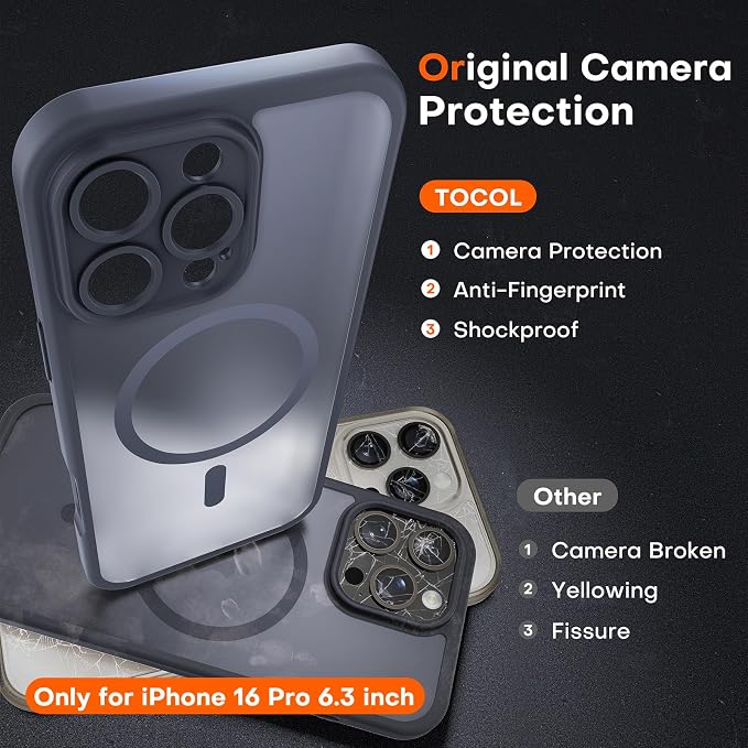 TOCOL for iPhone 16 Pro Case, Full Camera Protection, Compatible with Magsafe, Drop Protection, Translucent Magnetic Matte Phone Case for iPhone 16 Pro 6.3 inch (Black)