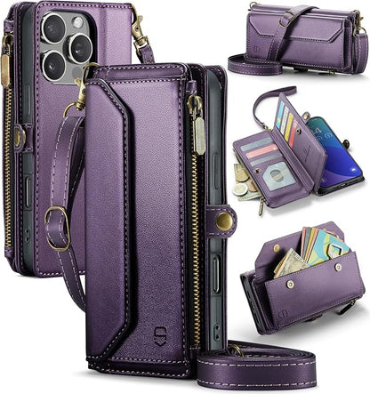 Strapurs Wallet Case Compatible with iPhone 16 Pro Max 6.9" RFID Blocking 10-Card Holder Soft PU Leather Magnetic Snap Shoulder Strap Zipper Pocket Phone Case Fit for iPhone 16 Pro Max - Purple