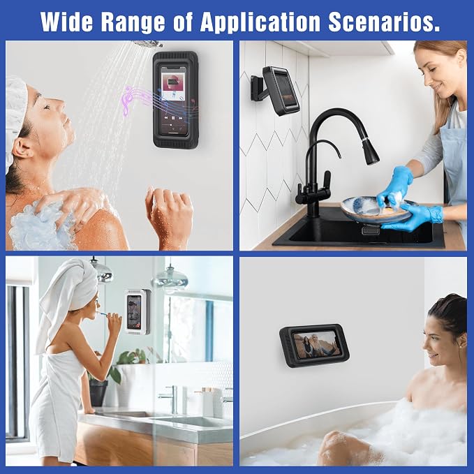 Waterproof Shower Phone Holder with 480° Rotation | Enhanced Sound Quality | Adjustable Arm Stand | Fits up to 7" Screens(Black)