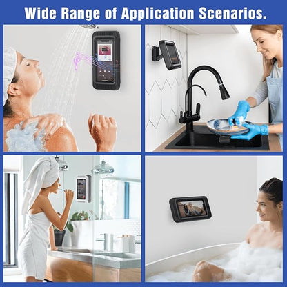 Waterproof Shower Phone Holder with 480° Rotation | Enhanced Sound Quality | Adjustable Arm Stand | Fits up to 7" Screens(Black)