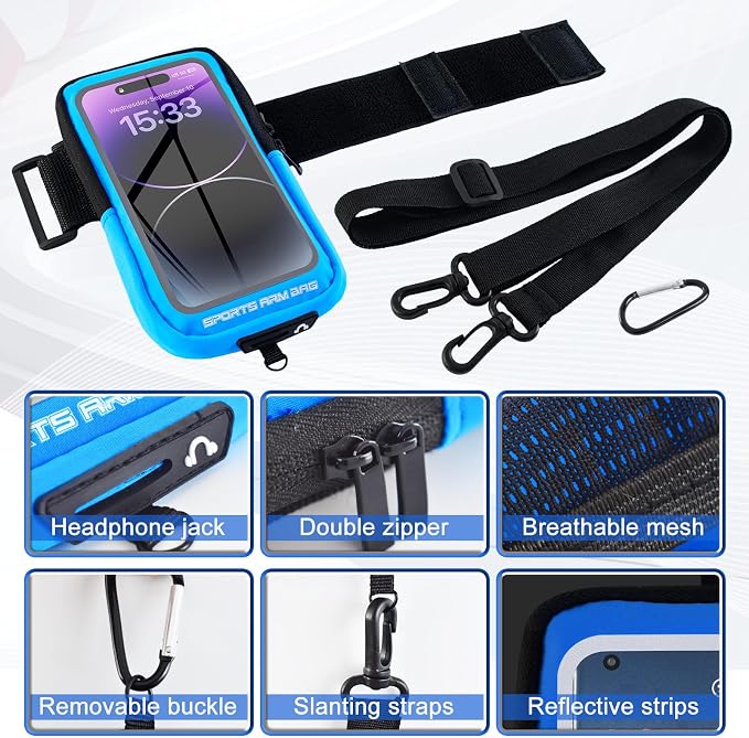 Phone Holder for Running, Running Armband Phone Holder with Carabiner, Phone Armbands for iPhone 17 16 15 14 13 12 11Pro Max & Galaxy S25/S24/S23, Cell Phone Armband Up to 6.8'' Phone (Blue)