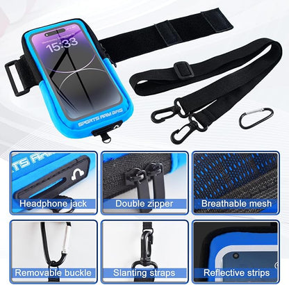 Phone Holder for Running, Running Armband Phone Holder with Carabiner, Phone Armbands for iPhone 17 16 15 14 13 12 11Pro Max & Galaxy S25/S24/S23, Cell Phone Armband Up to 6.8'' Phone (Blue)