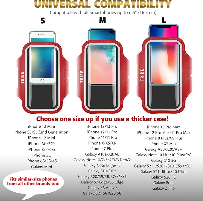 TRIBE Water Resistant Cell Phone Armband Case Running Holder for iPhone Pro Max Plus Mini SE (13/12/11/X/XS/XR/8/7/6/5) Galaxy S Ultra Plus Edge Note (21/20/10/9/8/7/6/5) Adjustable Strap & Key Pocket
