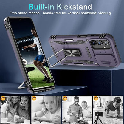DEERLAMN Case for Samsung Galaxy A16 5G with Slide Camera Cover+Screen Protector (1 Pack), Rotated Ring Kickstand Military Grade Shockproof Protective Cover-Deep Purple