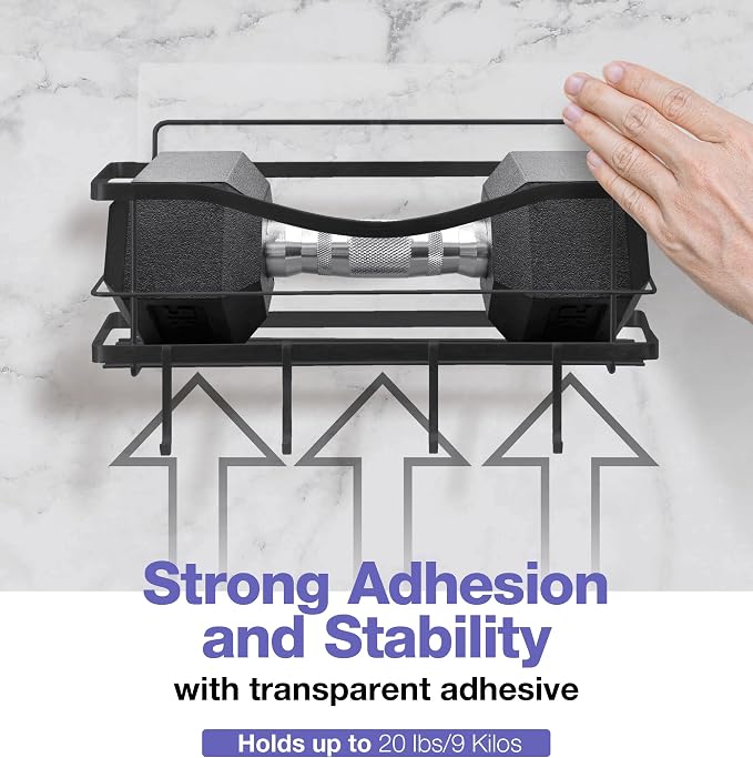 KINCMAX Premium Shower Caddy - Self Adhesive Shower Shelf with 4 Hooks - No Drill Large Capacity Stainless Steel Rack - Aesthetic Organizer for Bathroom Wall Decor - Matte Black