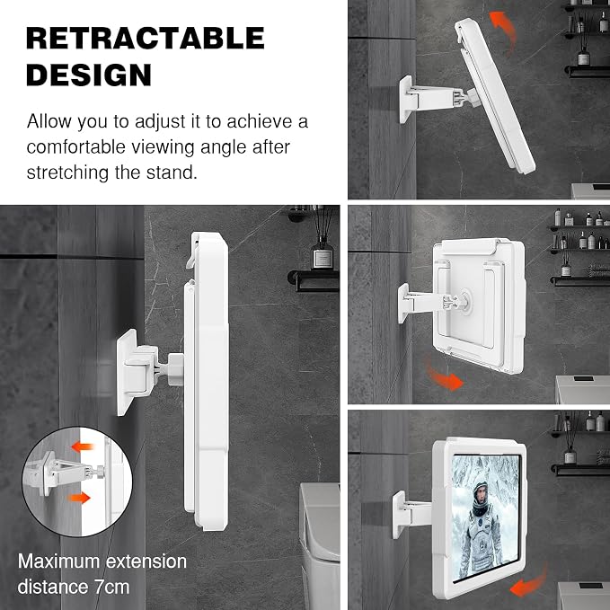 MoKo Shower Tablet Holder, Stretchable Waterproof iPad Holder Fit All Devices Up to 11", 360° Rotation Tablet Wall Mount Holder with Anti-Fog Touchable Screen, 2 Placement Modes, for Bathroom Kitchen